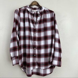 Loft Plaid Button Front Tunic Ruffle Hem Neck Longline Size Large Oversized